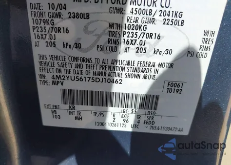 2005 Mercury Mariner Luxury/Premier z USA, uszkodzony, nr VIN 4M2YU56175DJ10462